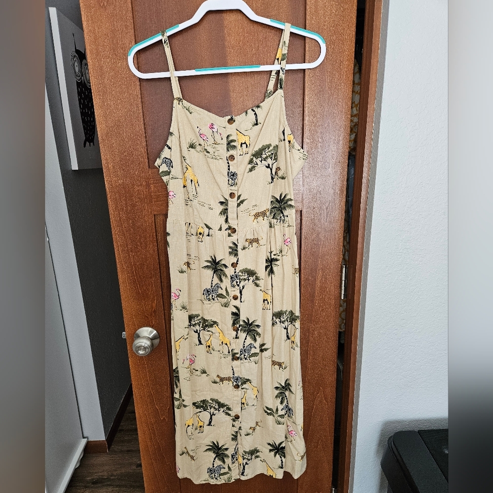 Old Navy Beige Tropical Print Midi Dress